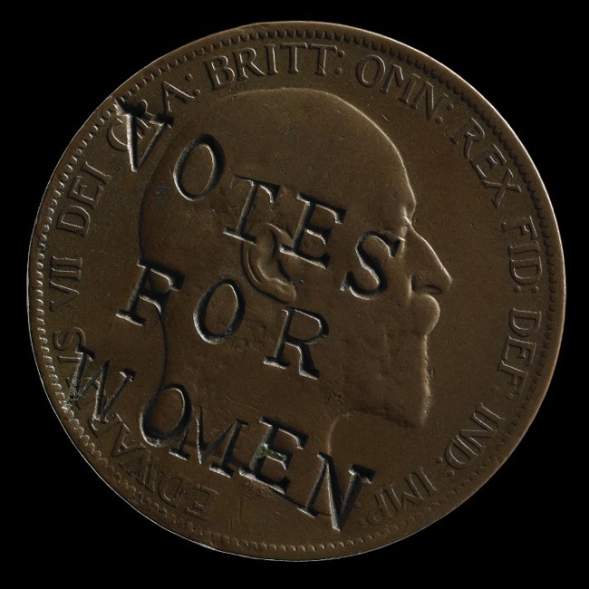 British Penny Defaced in Protest by a Suffragette